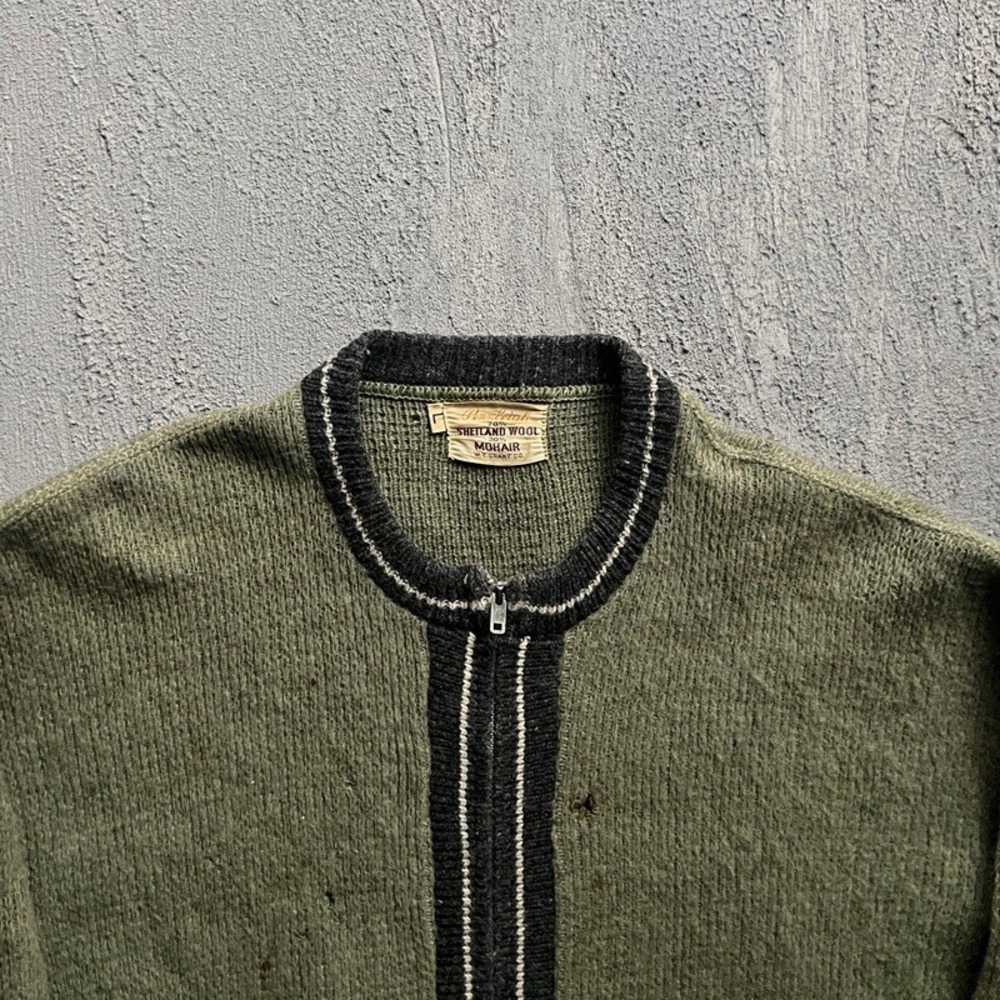 Vintage Pennleigh Mohair Zip Up Cardigan Large Green 1960s Distressed - Picture 2 of 10